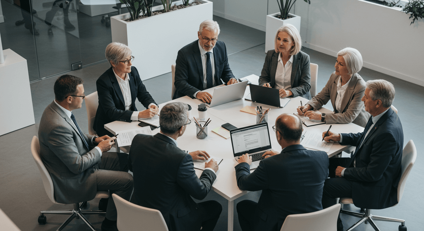 Business professionals in a meeting discussing business transitions