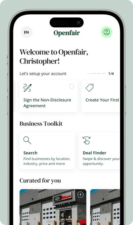 Openfair mobile app interface showing business toolkit and curated opportunities