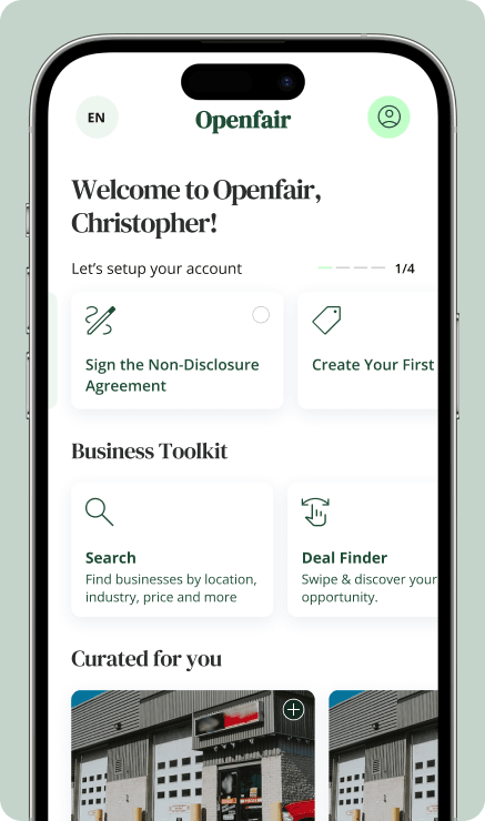 Openfair mobile app interface showing business toolkit and curated opportunities